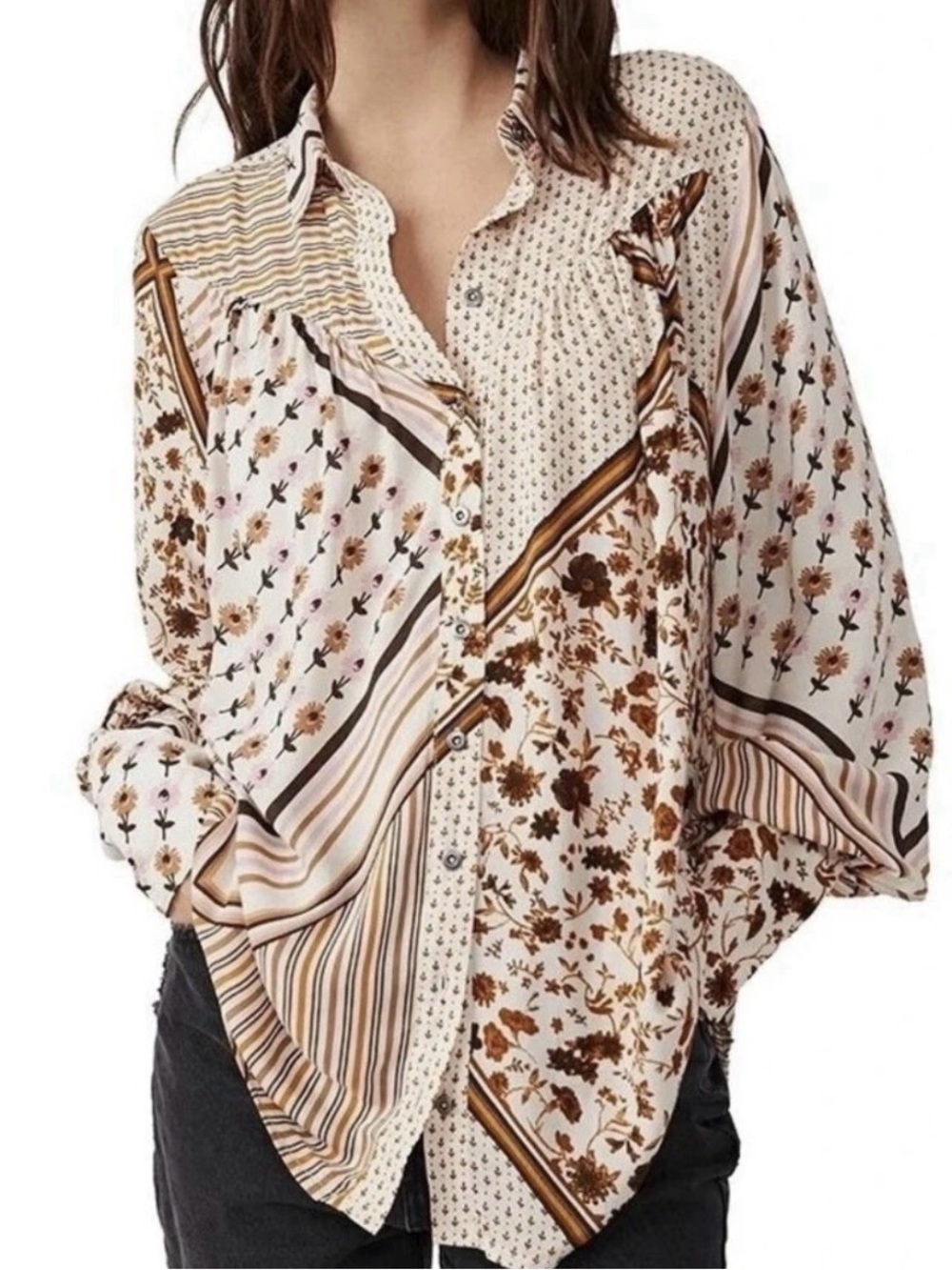 Free People Boho Patchwork Floral Button-Up Blouse in Cream and Brown
